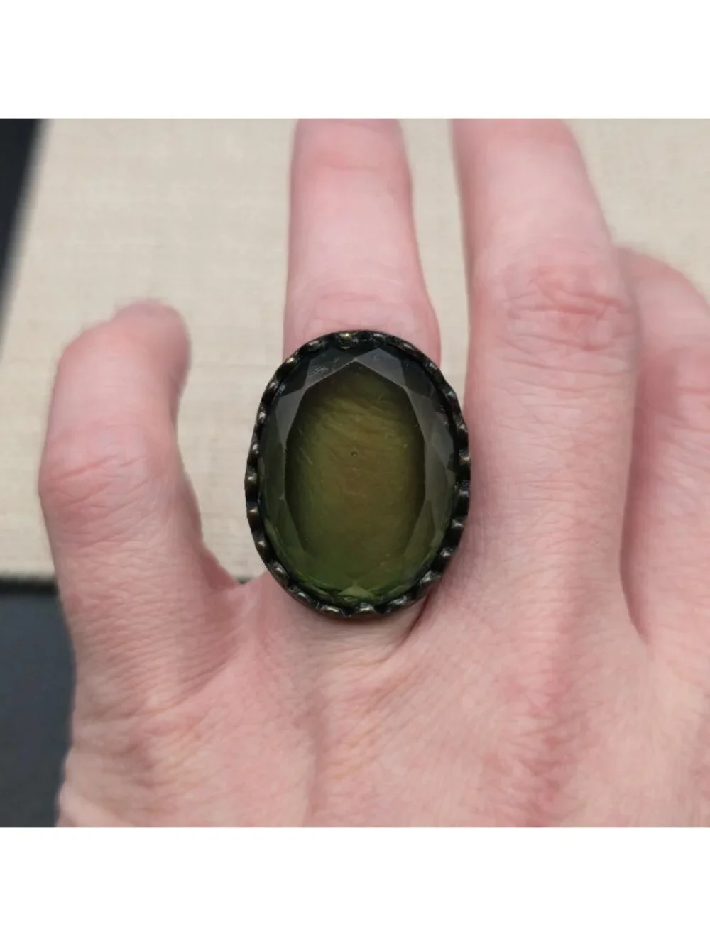 Size 7 Large Oval Green Glass Ring in Bronze - Antique Style Victorian Statement